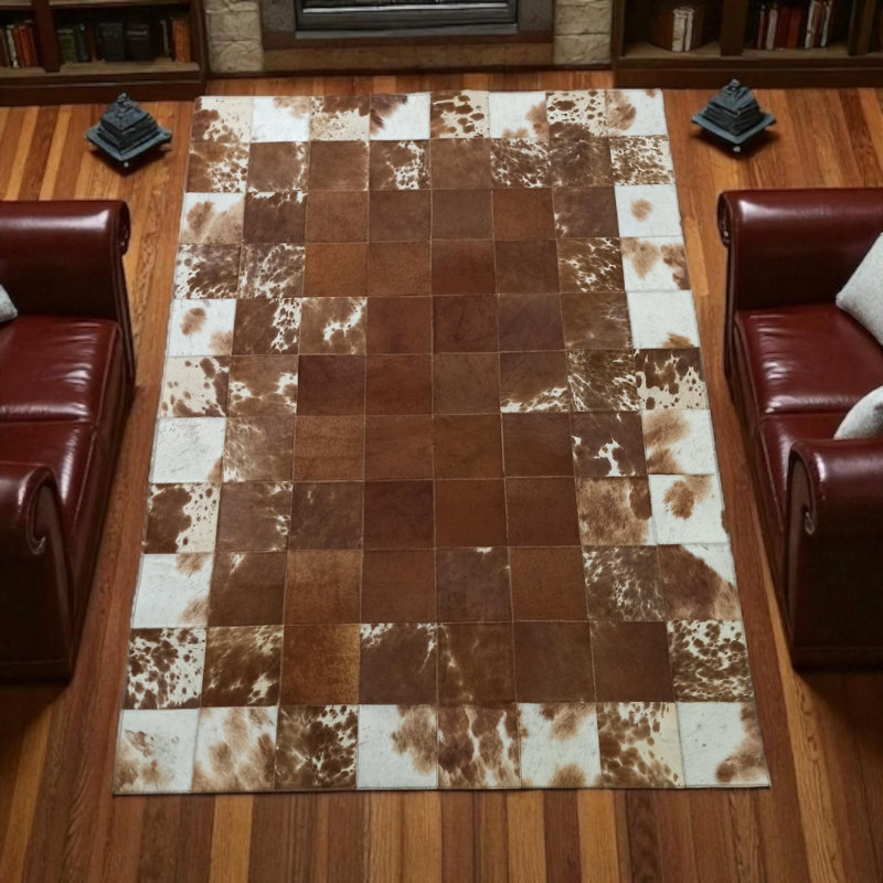 Tapis brun en peau de vache patchwork, tapis en peau de vache naturelle, Rectangle 3 pi x 3 pi 4 po