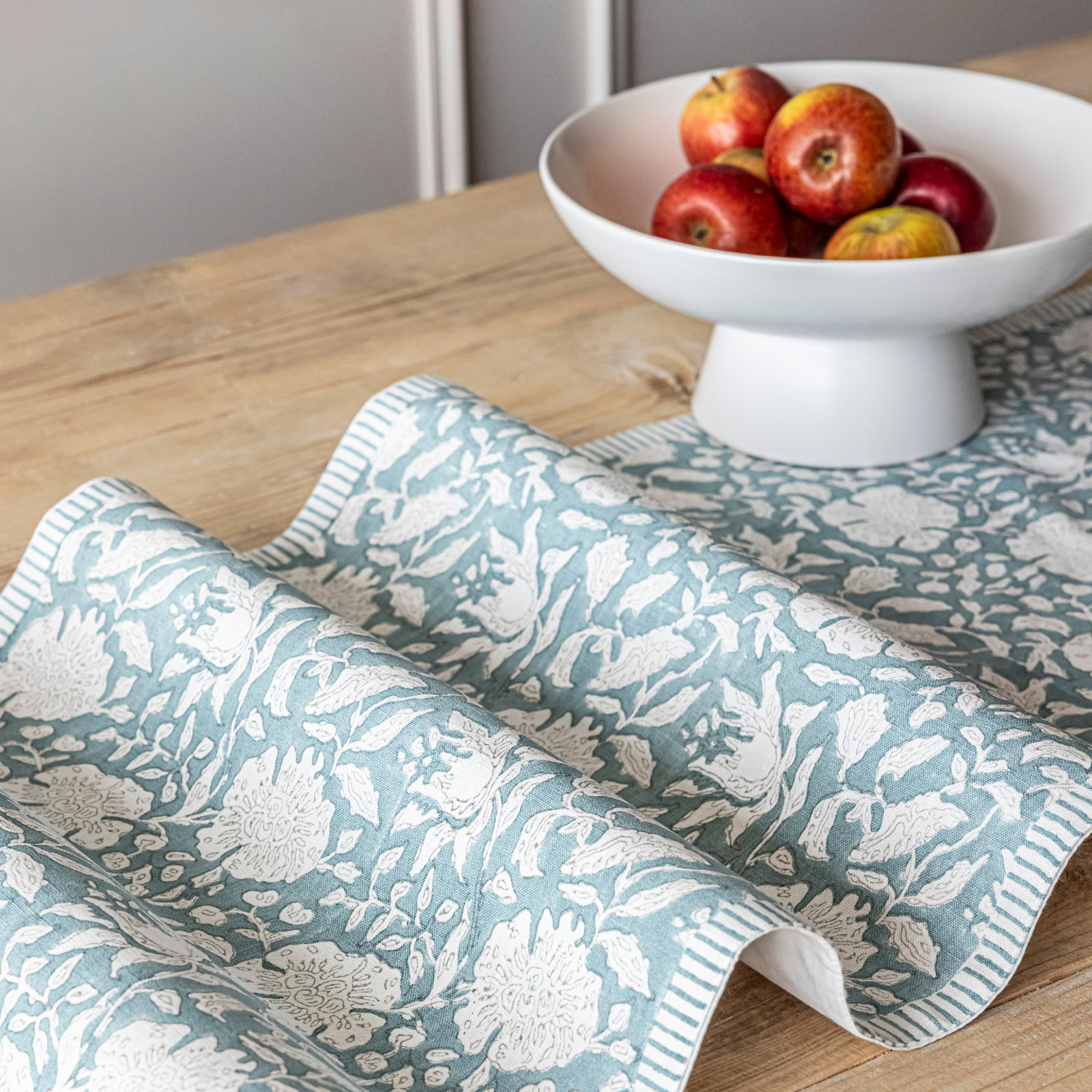 Hand-Blocked Table Runner, 18" W x 108" L, Blue Floral