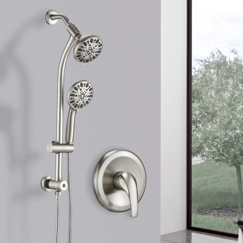 Shower System With Drill- Stainless Steel Rod And Dual Heads Rain / Fog Spray 26" Drillless Slide Bar 7 Easy Installation