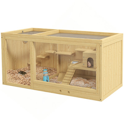 Pawhut Wooden Hamster Cage, Extra Large Gerbil Cage, Multi-Layer Small Animal Cage For Dwarf Hamster, Activity Center With Pull-Out Tray, Seesaws, Water Bottle, Ladder, Openable Top