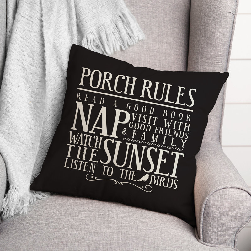 Porch Rules Outdoor Square Pillow Cover & Insert, Black
