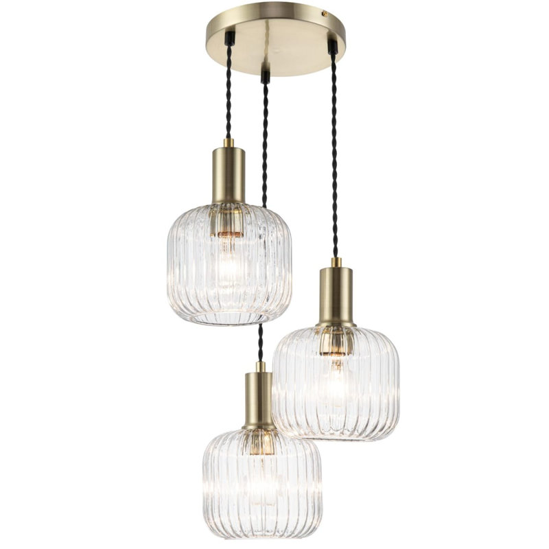 Maple 3 Light Modern Ribbed Glass Cluster Pendant Light - Brushed Brass Base, Black Twisted power cord, 3xE27. Max. 15W LED (Bulb not included)