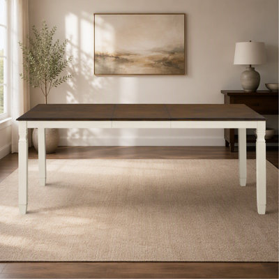 Table de salle à manger extensible de 150 à 195 cm pour 4 à 6 personnes, plateau en MDF plaqué chêne peint, style ferme moderne, pieds en hévéa massif, gain de place pour la cuisine ou la salle à manger, plateau brun et piètement beige