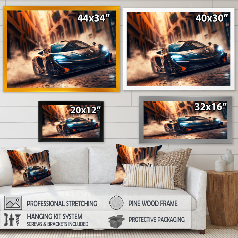 «Futuristic Bugatti Sports Car Racing IV», reproduction sur toile, Cadre simple noir, H 12 po x l 20 po x P 1 po