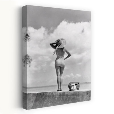 1930S 1940S Anonymous Woman Back View Full Length Standing On Tropical Beach Wall Holding On To Her At In Breeze Classic Retro Vintage Beach Ocean ...