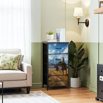 Commode 4 tiroirs pour chambre à coucher, commode étroite, plateau en bois et structure de bureau en fer 18 po x 37,5 po (lxH) - avec des cowboys chevauchant des dinosaures dans les prairies