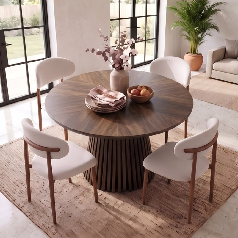 Ensemble de table de salle à manger ronde de 47 pouces avec 4 chaises rembourrées en chenille, Walnut, Noyer