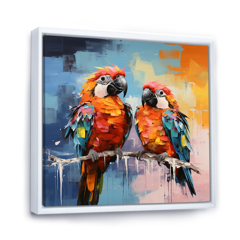 «Vibrant Duets Parrots I» sur toile, Cadre flottant blanc, H 16 po x l 16 po x P 1 po