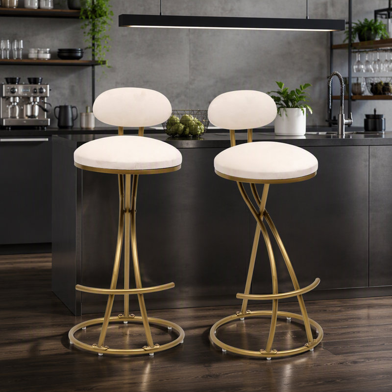 Tabouret de bar rond en velours sans accoudoirs avec dossier, ensemble de 2 chaises de comptoir rembourrées