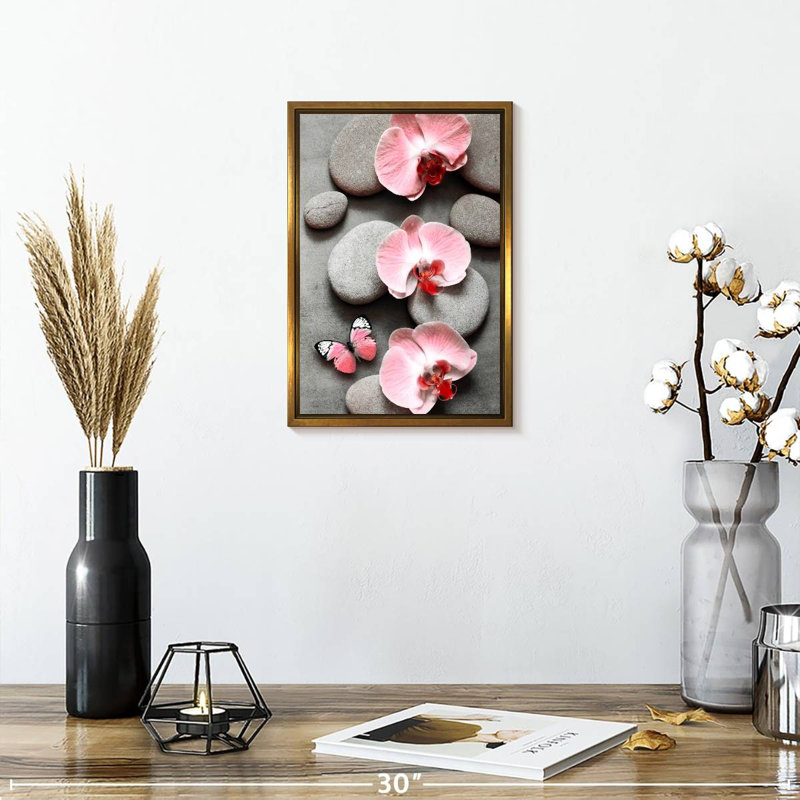 Zen orchidées roses et papillons, Floating Frame Gold, 9 po x 13 po