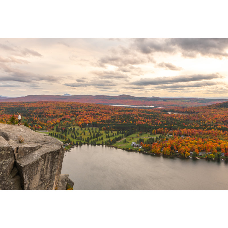 Woman Looking At Lake And Forest During Autumn by A&J Fotos - No Frame Print on Canvas, 51cm H x 76cm W