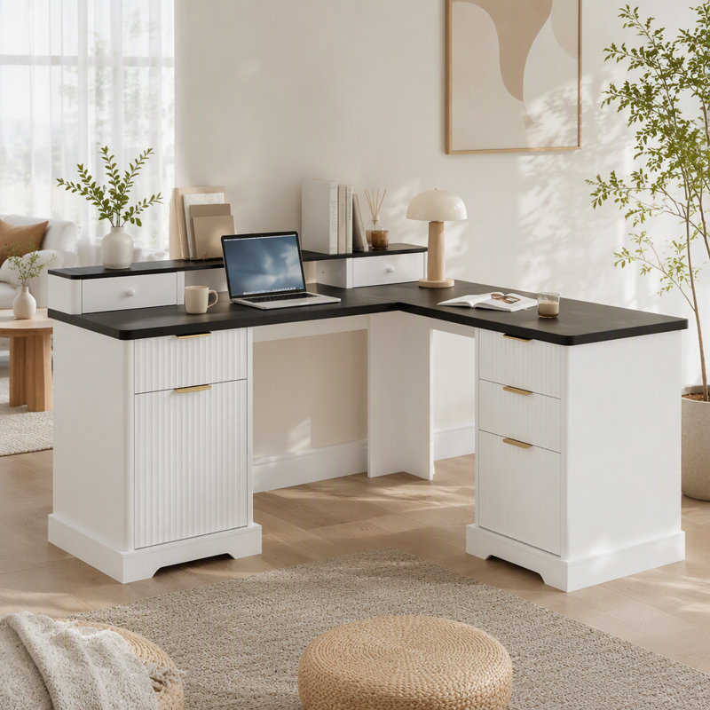 Bureau en L 59 po cannelé avec station de charge et armoire de rangement 59 po Modern
