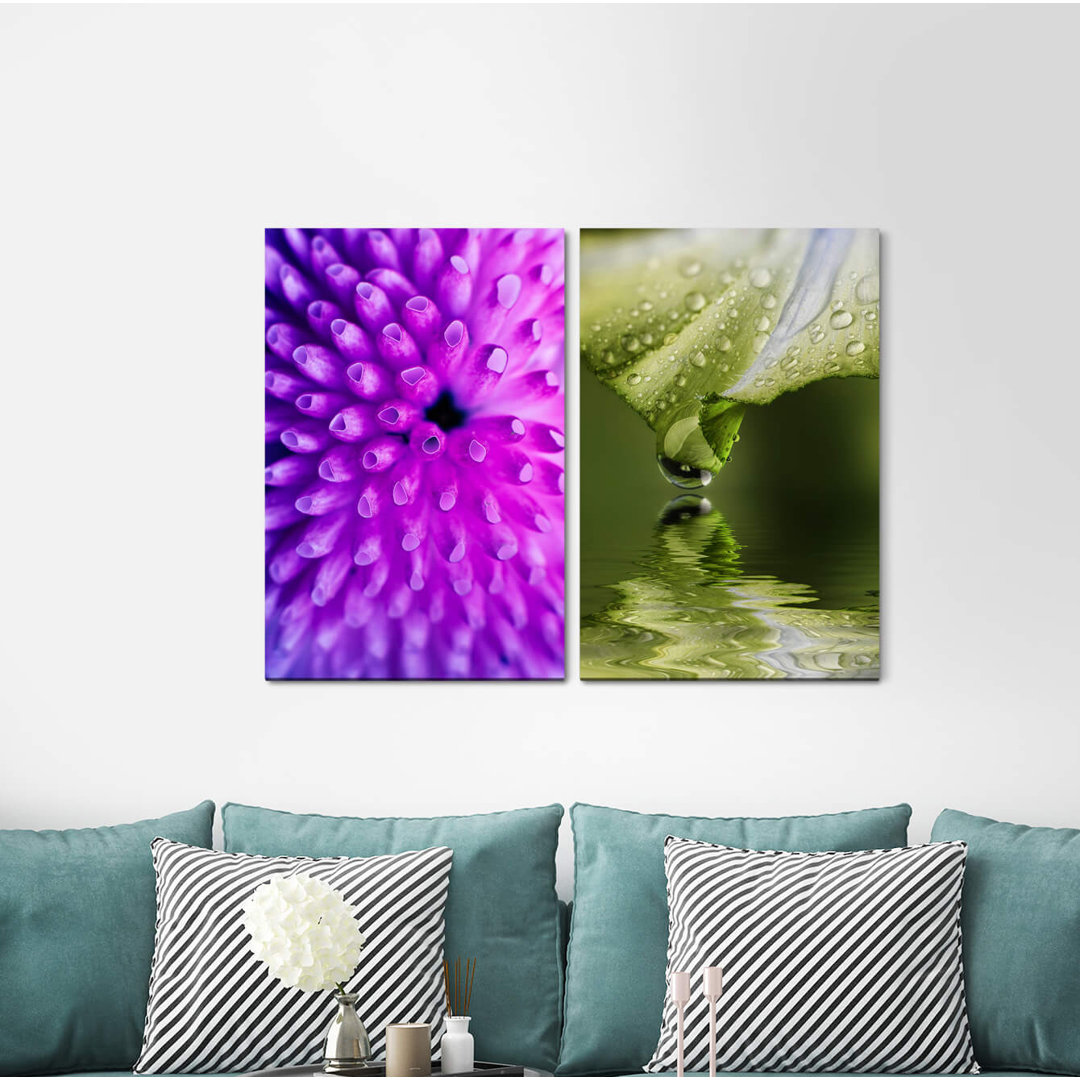 2-tlg. Leinwandbilder-Set - Fotografie „Coral Violet Water Drops Stream Green Fresh”