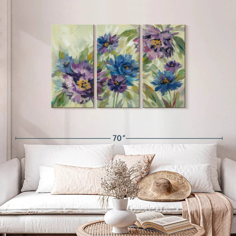 Harnek bleu vif et fleurs de lavande, H 28 po x l 45 po
