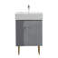 Meuble-lavabo contemporain de 21,6 po de couleur grise avec lavabo en céramique, porte à fermeture en douceur, rangement spacieux, construction imperméable, détails en cuivre brossé à motif ondulé et évier à rayures, bois