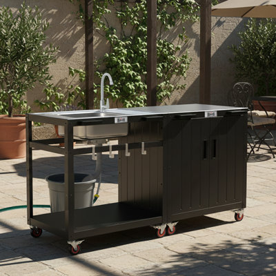 FEASTO 35-Inch Outdoor Grill Cart with Stainless Steel Sink, Rolling BBQ Prep Table with Faucet, Storage Shelves and Lockable Wheels for Patio, Backyard and Outdoor Cooking