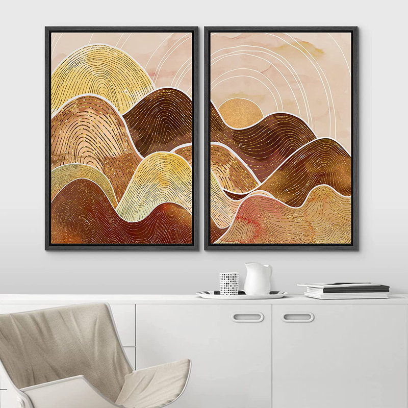 Idea4wall, reproduction d'art sur toile encadrée, paysage de montagne pastel Mid-Century, formes abstraites, illustrations, art moderne décoratif coloré pour le salon, la chambre à coucher, le bureau