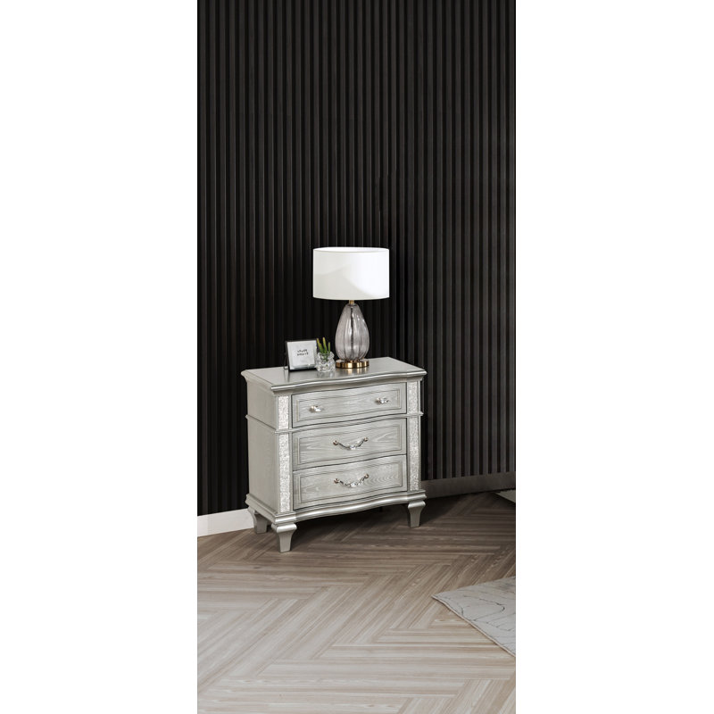 3 Drawer Glam Nightstand With Glitter Panels