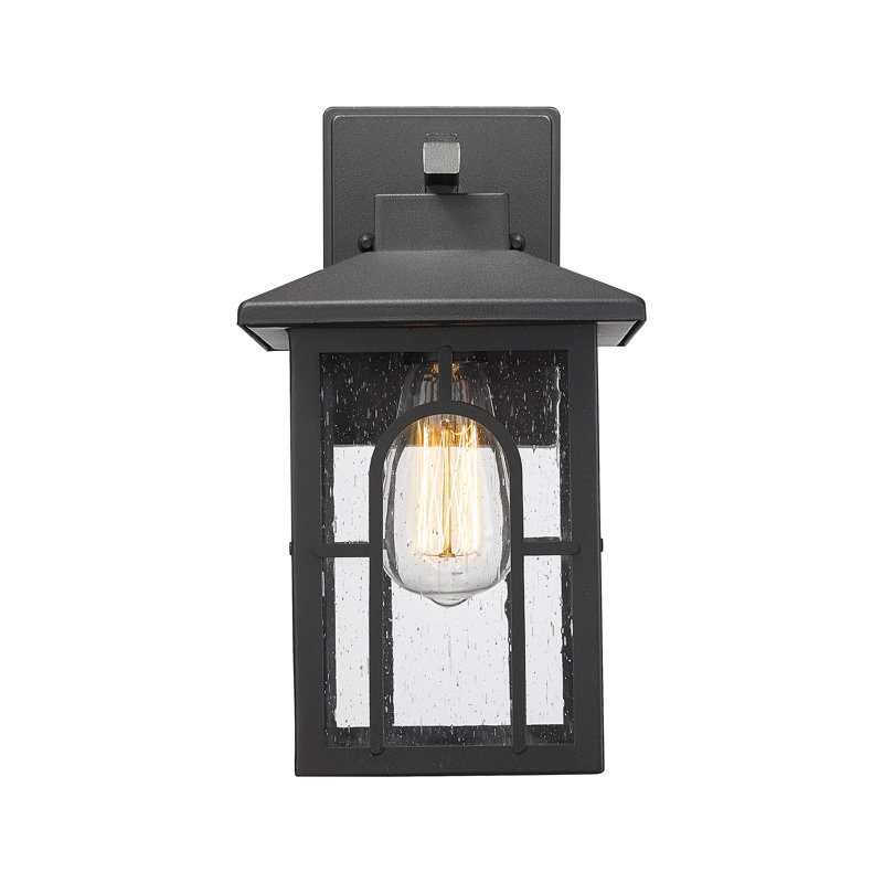 Modern Farmhouse Outdoor Wall Lantern With Seeded Glass, Outdoor Wall Light– Black Finish, 12.412.4" H x 6" W x 7.66" D