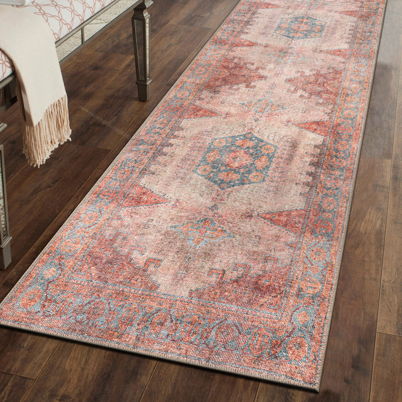 Griffey Vintage Boho Machine Washable Red/Blue Non-Slip Backing Area Rug, Runner 2'6" x 7'