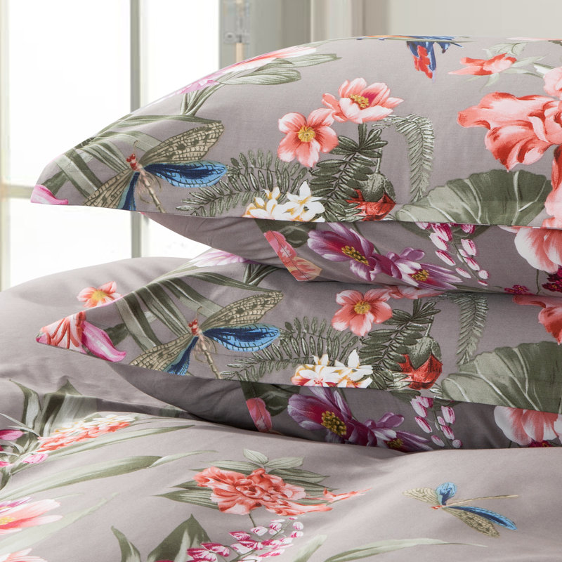 Egyptian-Quality Cotton Sateen Floral Duvet Cover, King Duvet Cover + 2 Pillow Cases