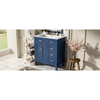 Meuble-lavabo de 30 po avec lavabo en céramique, rangement profond et standard, beaucoup d'espace, portes à fermeture en douceur, poignées en alliage de zinc argenté, parfait pour les petites salles de bain, meuble-lavabo moderne de 30 po, tiroir