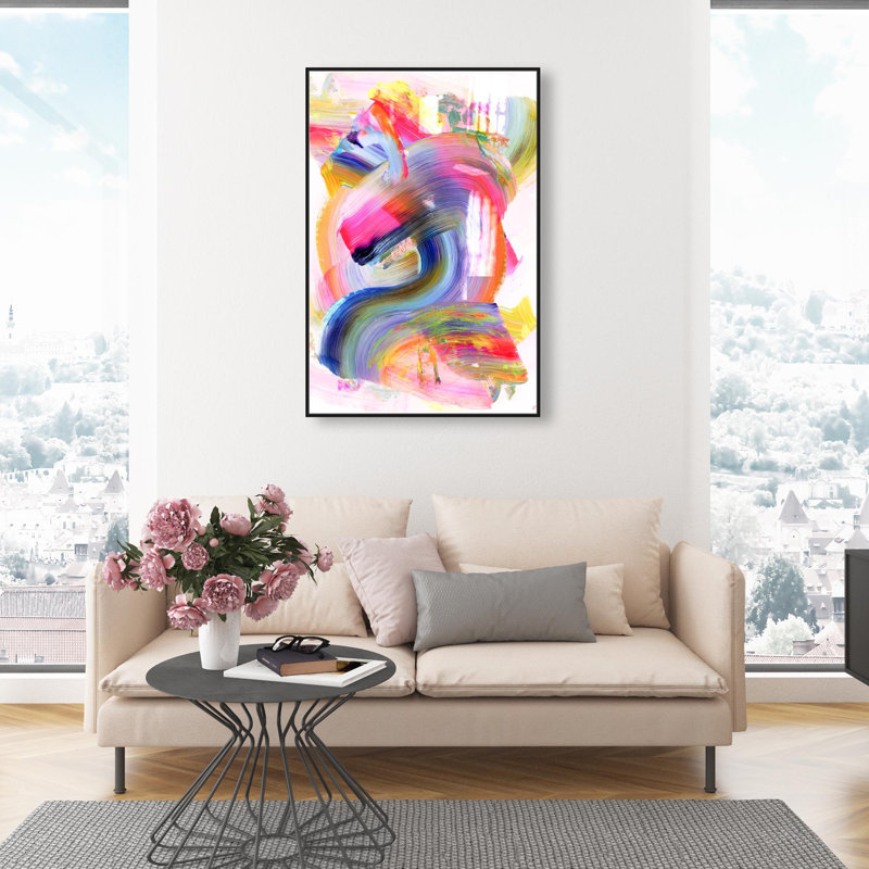 Oliver Gal Neon Swirl Abstract - Hand-Applied Glass Coat Framed Canvas Art, 30" H x 20" W, Black