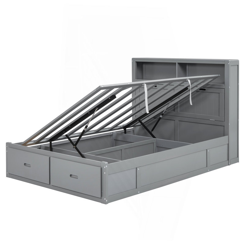 Grand lit plateforme en bois avec tête de lit à DEL, station de charge et 2 tiroirs, gris