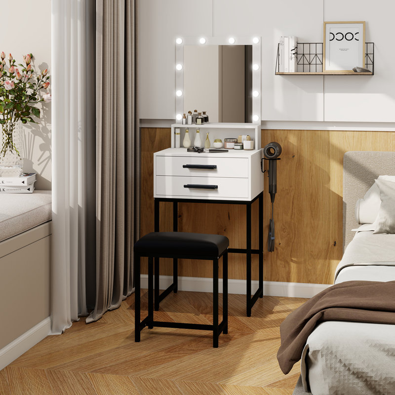 Dressing Table with 10 Bulbs, LED Light Mirror Makeup Vanity Desk with 2 Drawers and Stool, Black/White