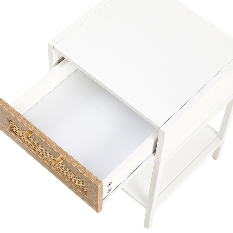 Table de bout 15,96 po - Table de chevet blanche moderne pour le bureau. Pieds en métal, fabrication. Assemblage et entretien faciles. Capacité de charge de 120 lb. Côté polyvalent avec tiroir, salon, chambre à coucher. Structure.
