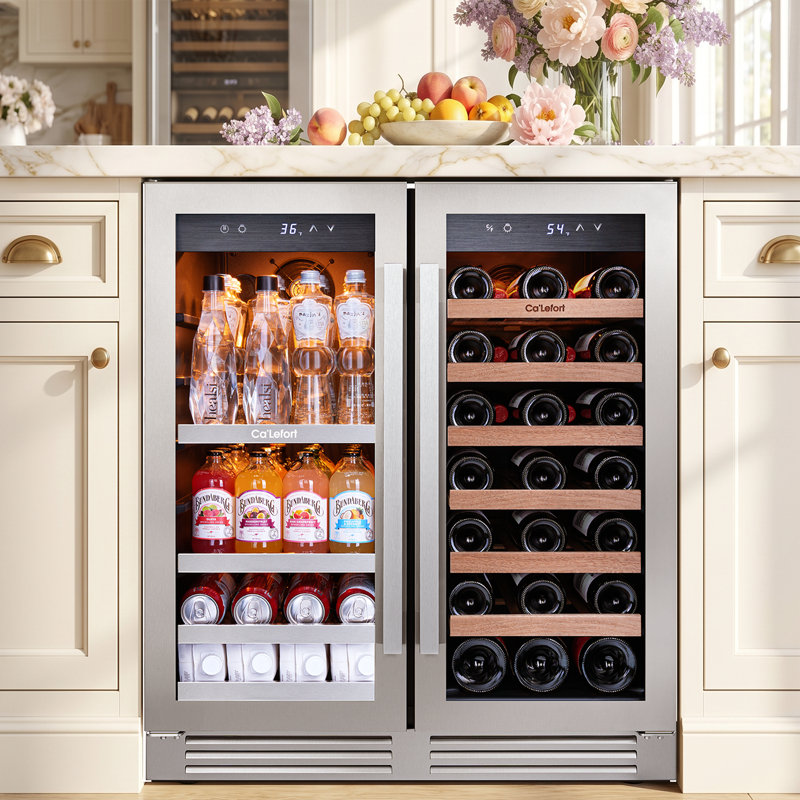 30" Dual Zone Wine & Beverage Cooler, 6 Cu.Ft., 33-Bottle & 80-Can, Built-In & Freestanding Refrigerator, 36–72°F, Amber/Blue/White LED, 9-Adjustable Shelves, Anti-Fingerprint, Hidden Hinges, Carbon Filter, Compressor & Fan Cooling Wine Fridge