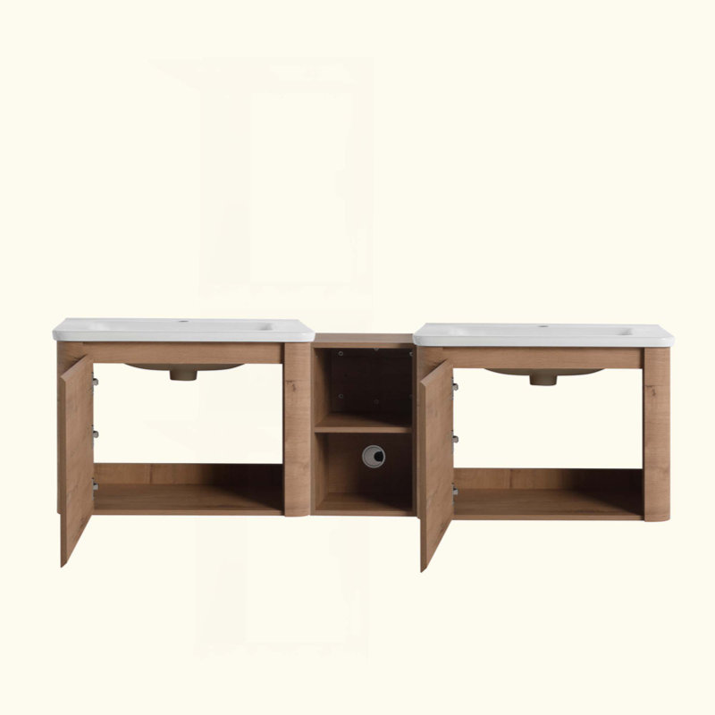 Meuble-lavabo mural avec lavabo en céramique et tablettes de rangement et 1 porte, emballage KD, contreplaqué, 68"