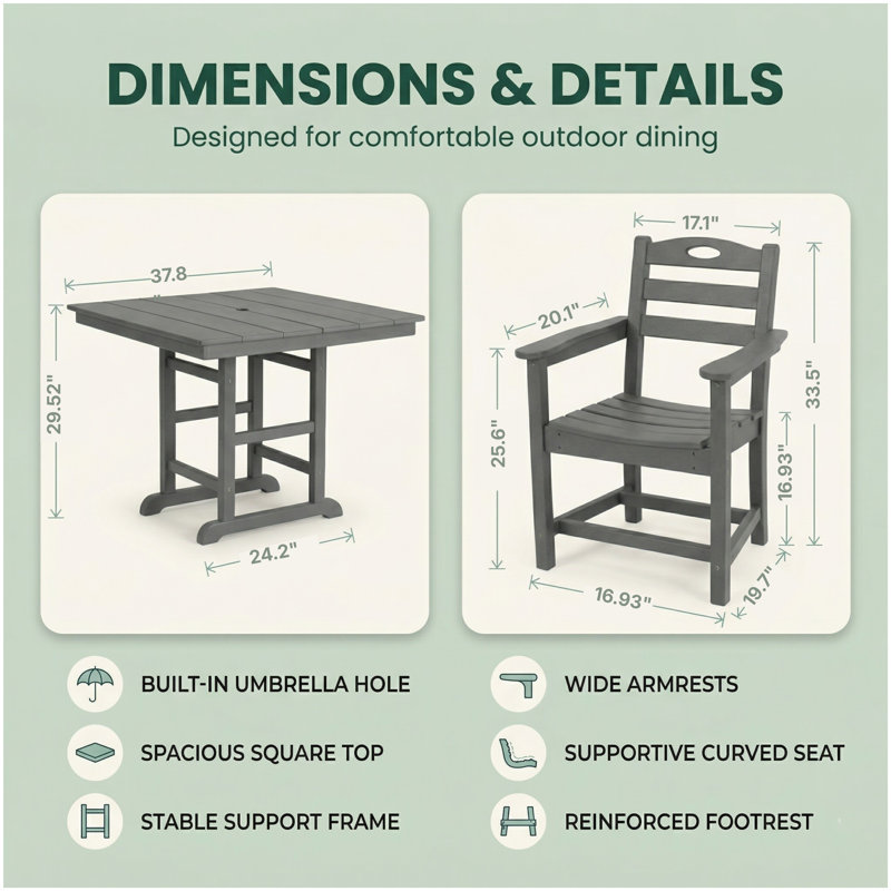 Ensemble de salle à manger d'extérieur 3 pièces Gray Hdpe avec table carrée et 2 fauteuils