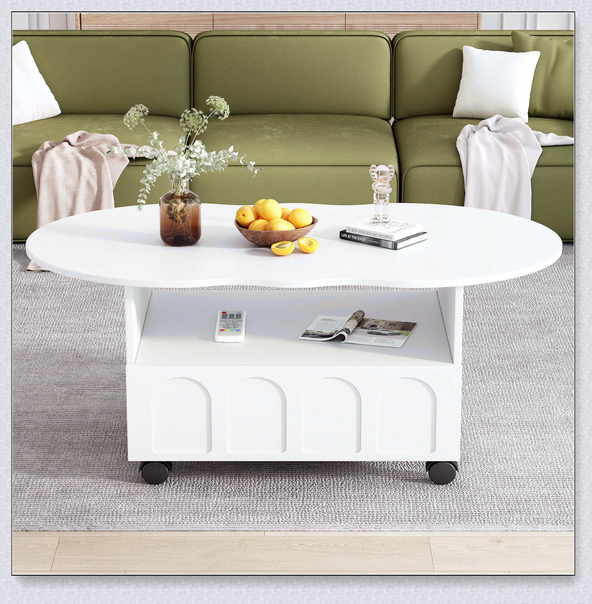 ON-TRANS Flexible Cream Coffee Table with Storage and Wheels