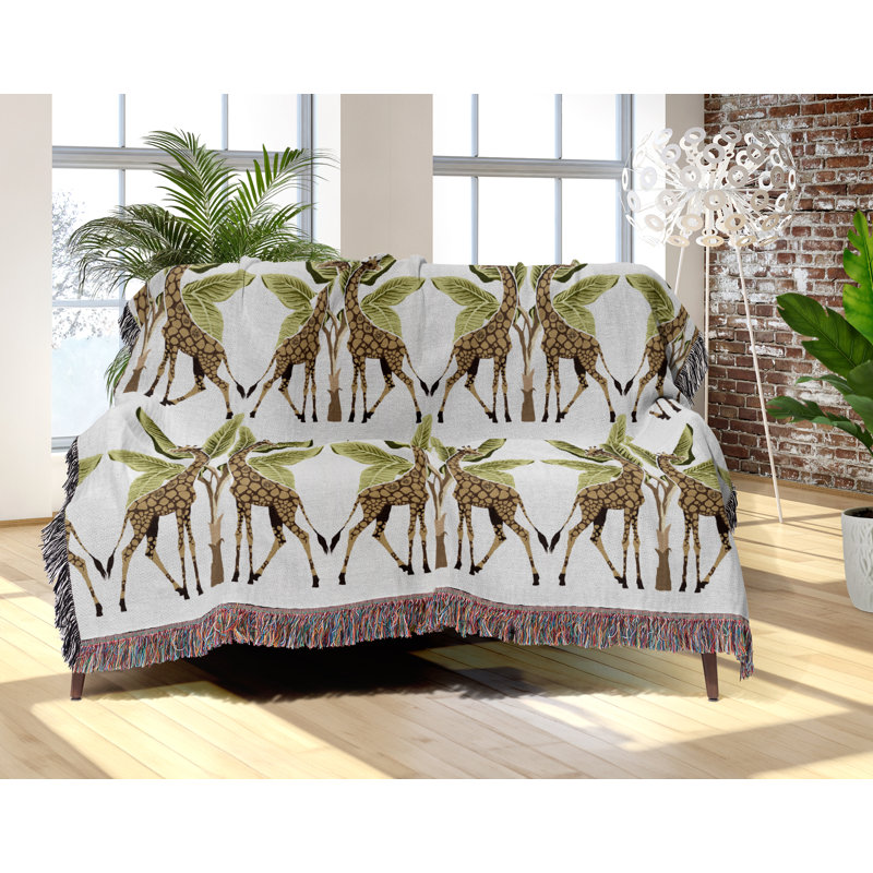 Jeté en mélange de coton Kossy Giraffe, L 70 po x l 50 po, Brun / vert / blanc cassé
