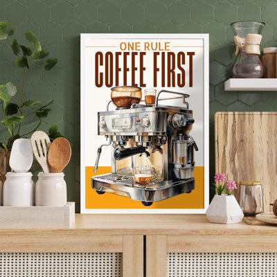 Z Studio Modern Coffee First Wall Art Machine à café affiche tendance Bar Decor Cafe Art Kitchen Kitchen Kitchen Wall Art 12 x 16 po encadré blanc