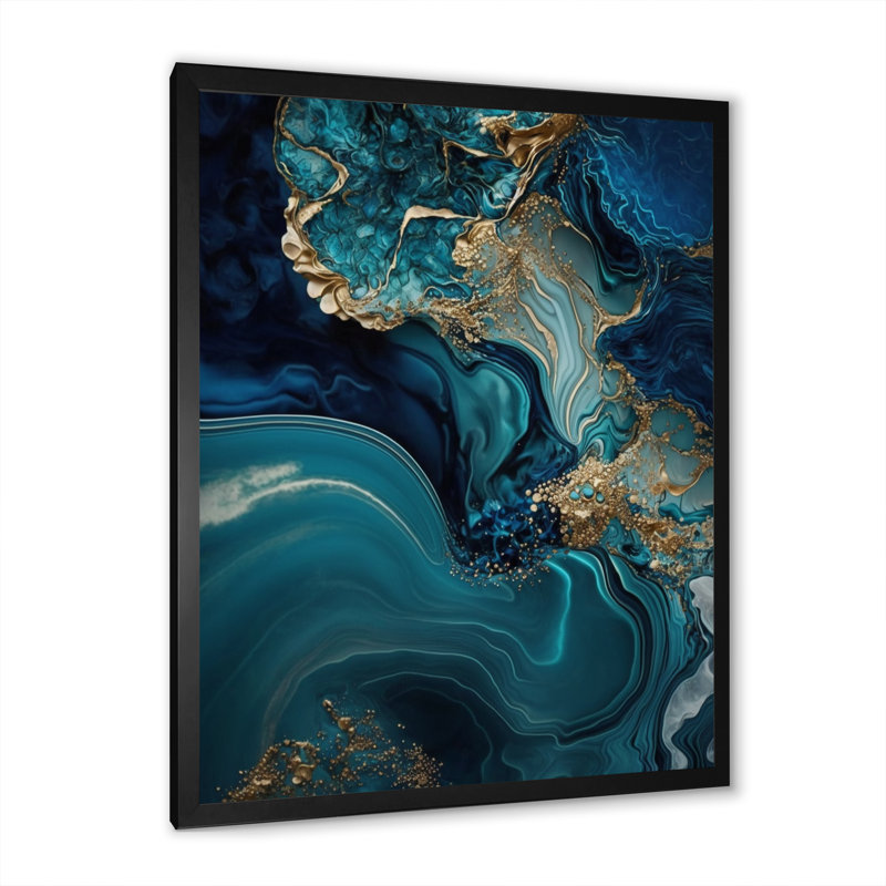 Géode abstraite turquoise I - art mural grand marbre abstrait, L 12 po x H 20 po, Impression noire sur toile encadrée