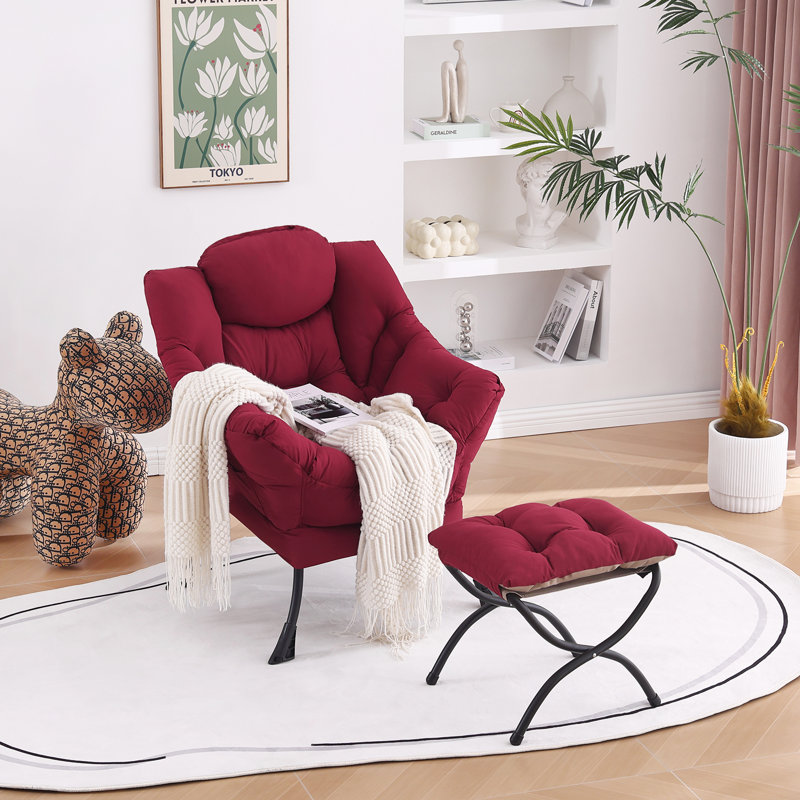 Burgundy Velvet Accent Chair with Ottoman and Metal Frame
