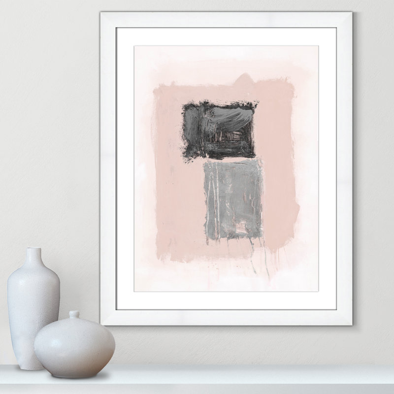 Thomasin, rose, noir et argent chatoyant II, encadré sur papier par reproduction, Cadre cubique blanc mat