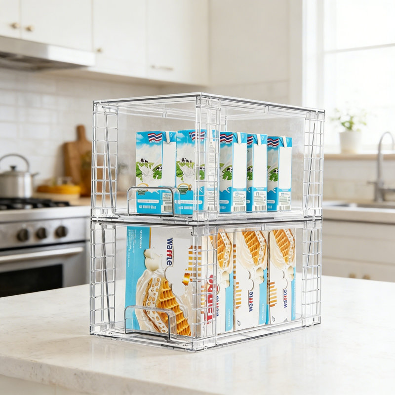 Ensemble de 2 grands tiroirs de rangement de garde-manger empilables, bacs de rangement transparents avec poignées, acrylique pour l'organisation des armoires sous le comptoir
