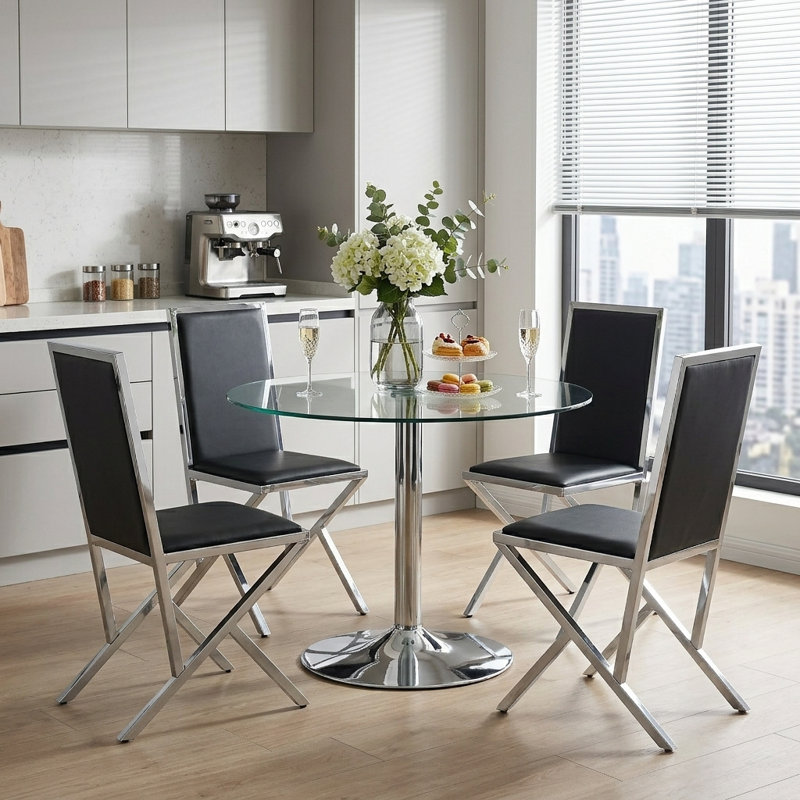 Alcester 5-Piece Round Tempered Glass Top Pedestal Dining Set, 5 Pieces: Table, 4 Chairs, Silver, Black/Silver