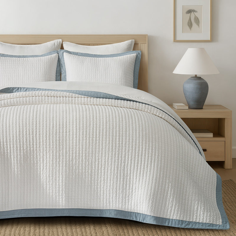 Ensemble de courtepointe Border Frame, Courtepointe pour lit grand + deux taies décorati, Lin bleu