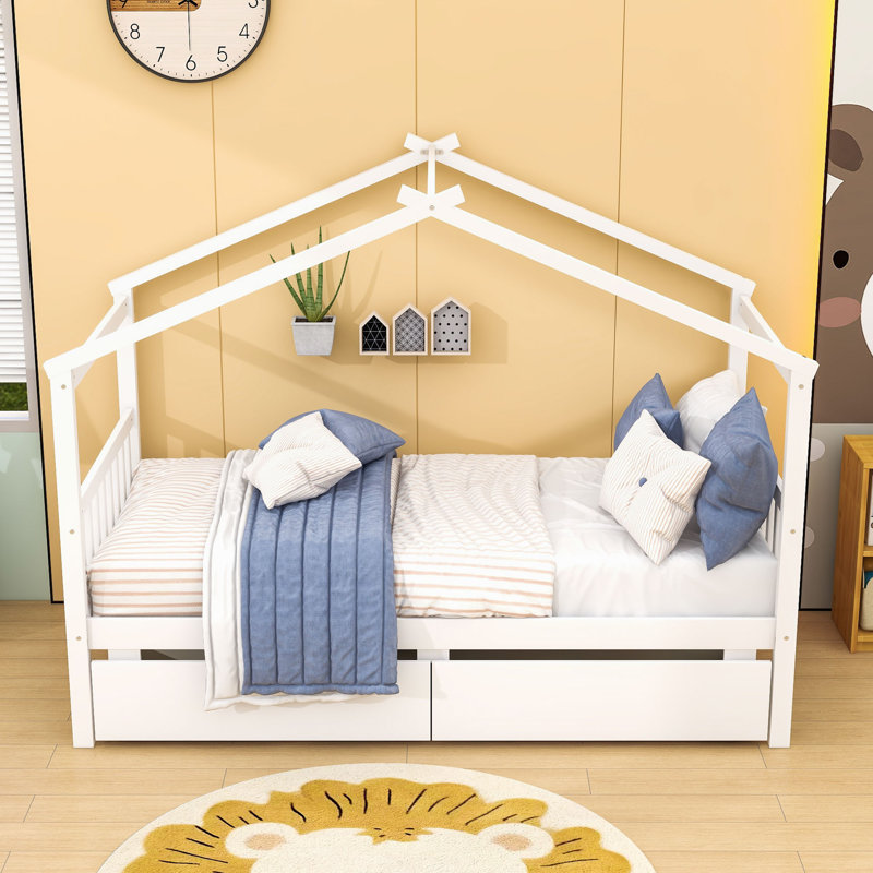 Lit simple en bois avec 2 tiroirs et garde-corps, Blanc