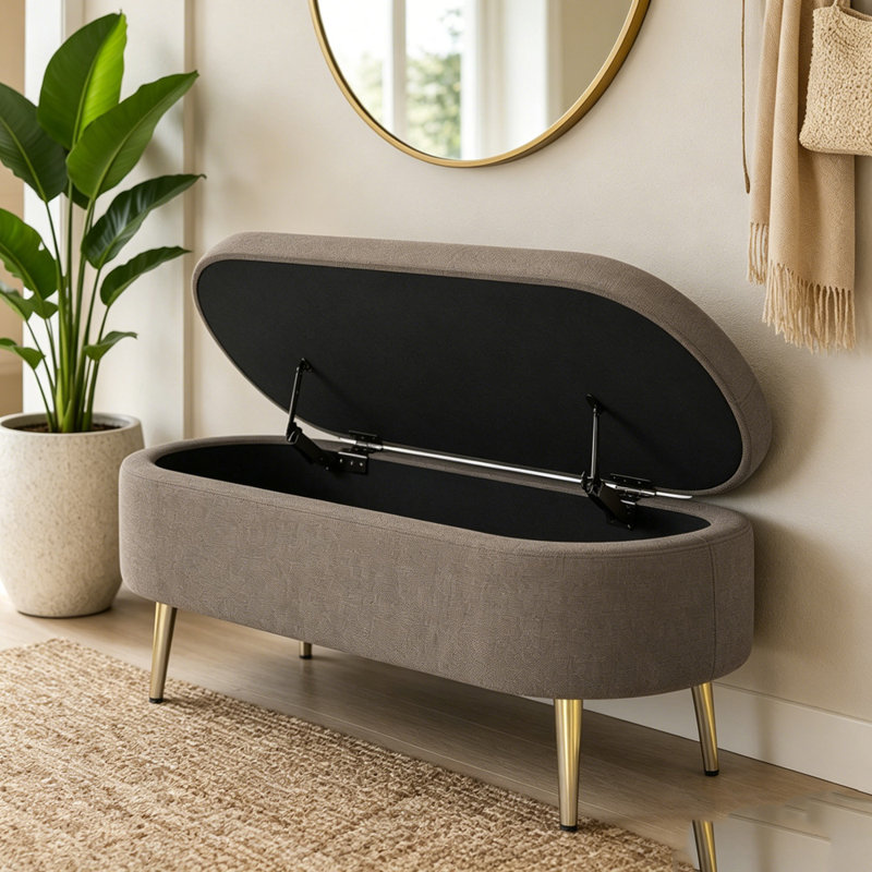 Banc de rangement repose-pieds ovale avec pieds en métal, Brun