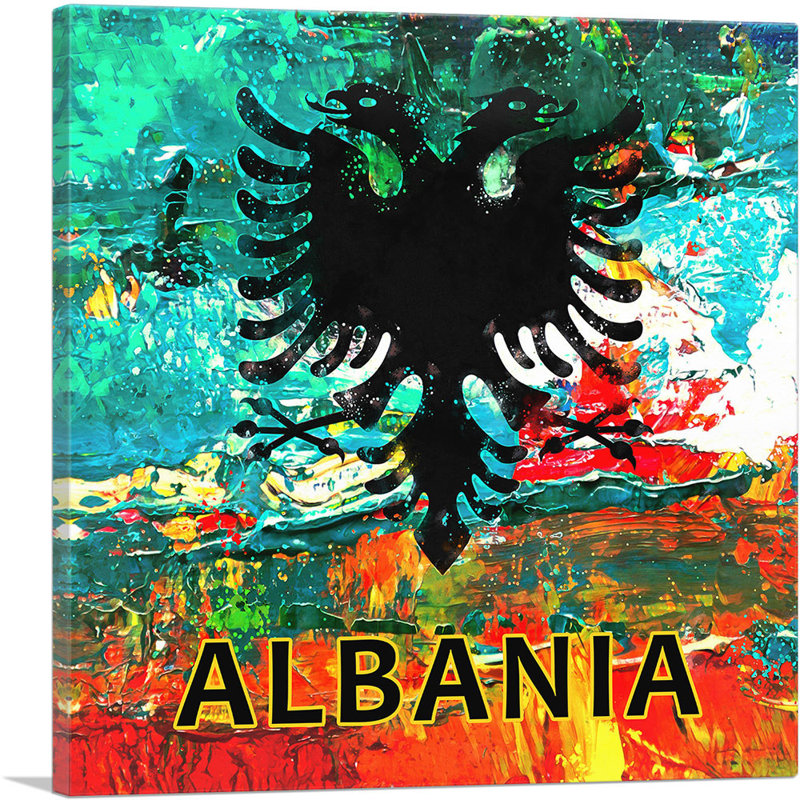 Drapeau de l'Albanie, éclaboussures colorées bleu sarcelle - impression sur toile tendue, H 36 po x l 36 po x P 1,5 po
