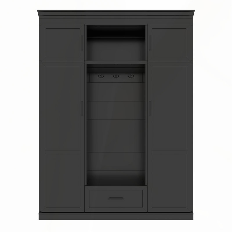 85.2''H Hall Tree with Bench and 3 Hooks, Modern Entryway Storage Organizer Cabinet with 4 Doors, 1 Drawer and Adjustable Shelves for Hallway, Entryway, Living Room