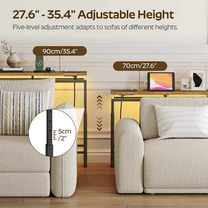 Console Table Entryway Table Behind Couch Table Height Adjustable (27.6"-35.4") with LED Light Strip and Charging Station