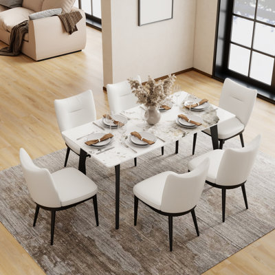 Ensemble table et chaises de salle à manger 6 personnes avec plateau en pierre frittée et revêtement en cuir PU.