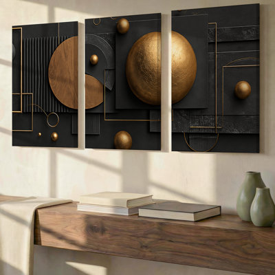 3 Pieces Exculisive Black Brown and Gold Geometric Large Wall Art Modern Canvas Art, Modern Canvas Decor for Living Room, Bedroom, Office and Home
