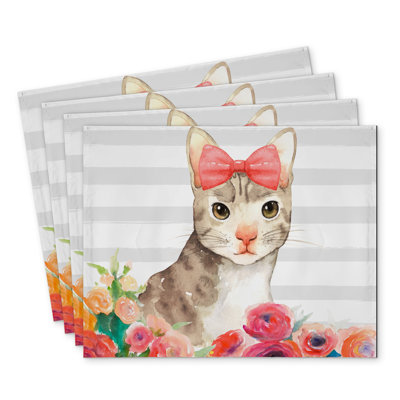 Small Cat with Flowers Polyester Placemats | Set of 4 Decor